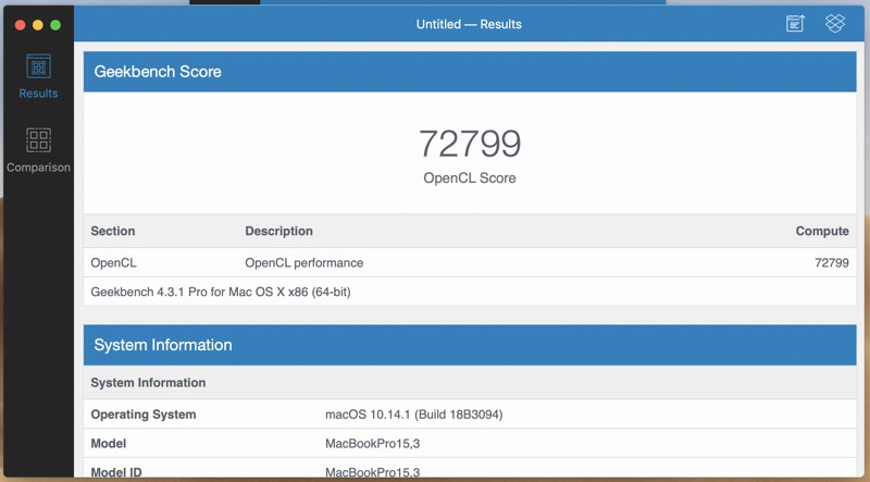 MacBook Pro 15" s Radeon Pro Vega 20 test OpenCL