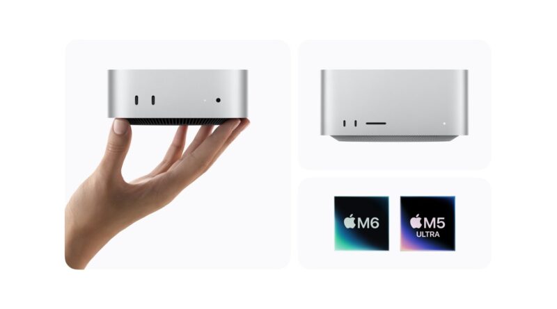 Mac mini v dlani a Mac Studio vedle čipů M6 a M5 Ultra