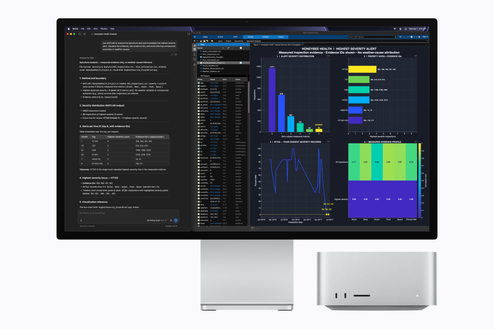 Mac Studio s běžícím LM Studiem a MATLABem