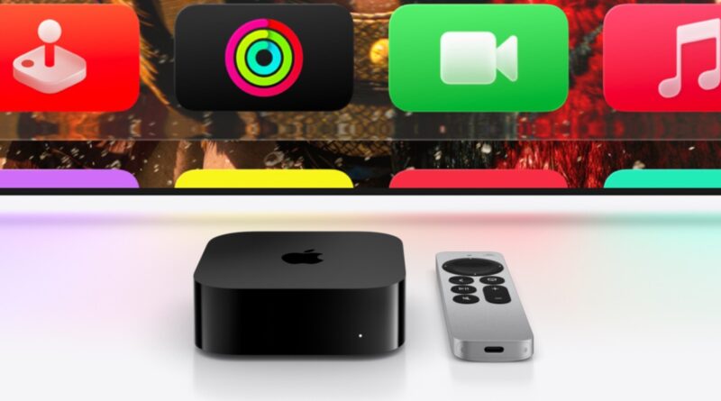 Apple TV 4K s ovladačem Siri Remote před televizí
