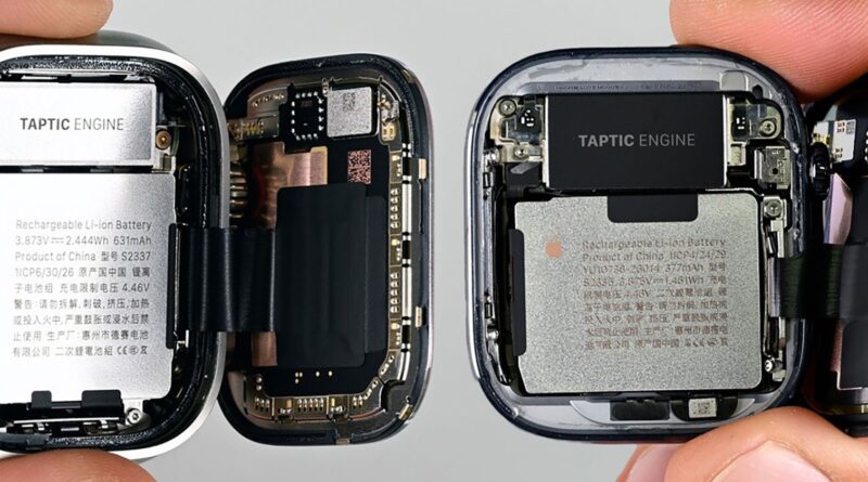 Rozebrané Apple Watch Ultra 4 a Series 12 s odkrytou baterií