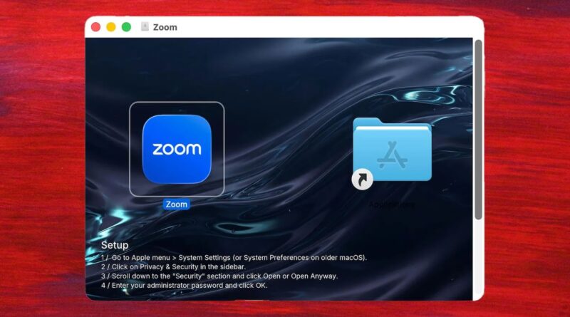 Okno falešného instalátoru Zoomu s návodem na obejití Gatekeeperu