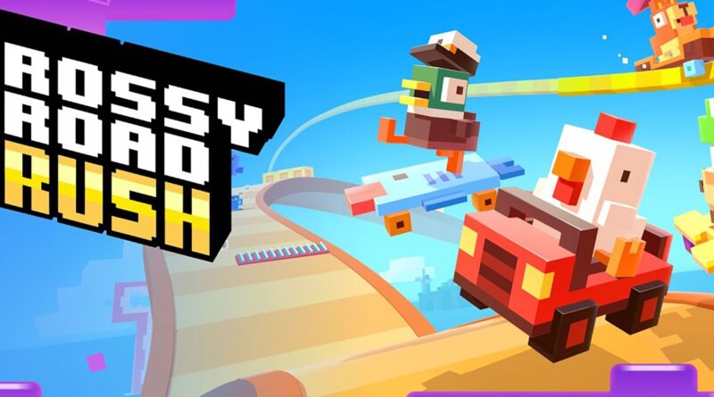 Grafika hry Crossy Road Rush s postavičkami a autem