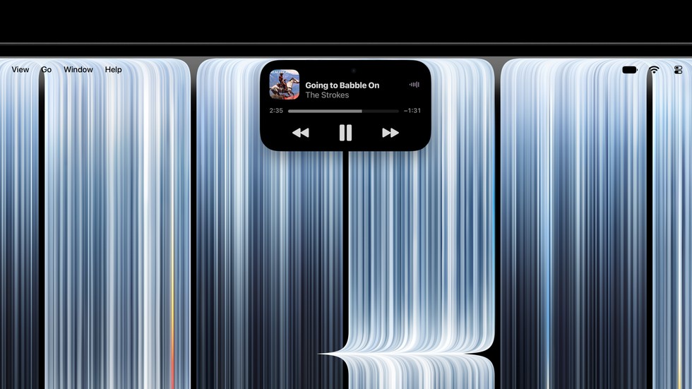 Dynamic Island na Macu ovládající přehrávání v Apple Music