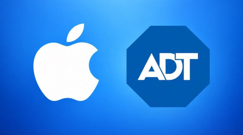 Loga Applu a bezpečnostní firmy ADT na modrém pozadí