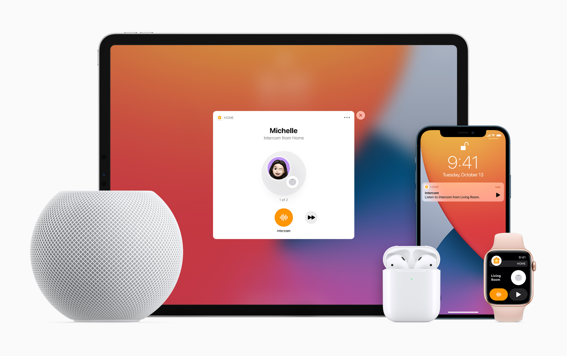 HomePod mini obklopený iPhonem, iPadem, Apple Watch a AirPody
