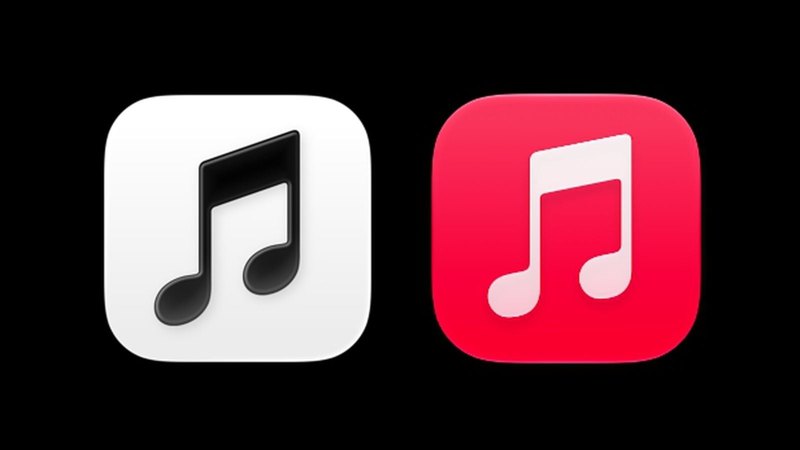 Stará červená a nová černobílá ikona Apple Music vedle sebe
