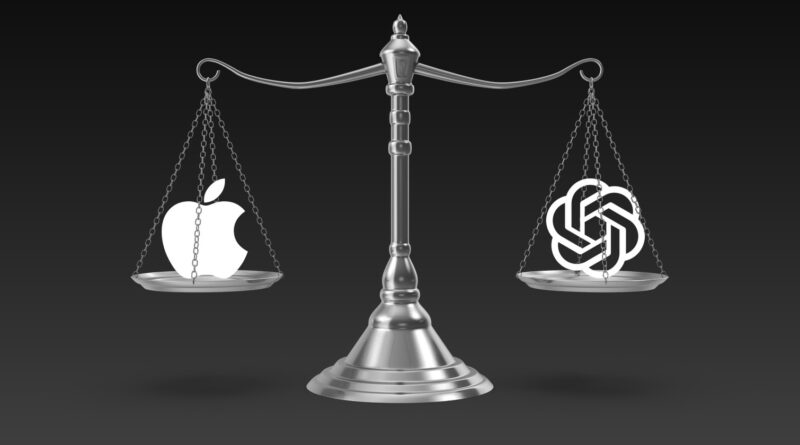 Váhy spravedlnosti s logem Applu na jedné a logem OpenAI na druhé misce