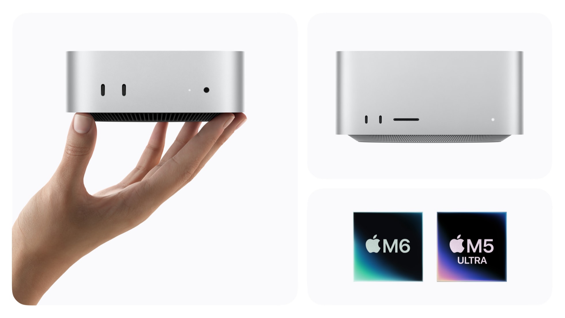 Mac mini v dlani vedle počítače Mac Studio