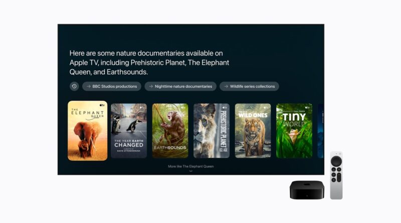 Nová Apple TV 4K s ovladačem a televizní obrazovkou s nabídkou Siri AI