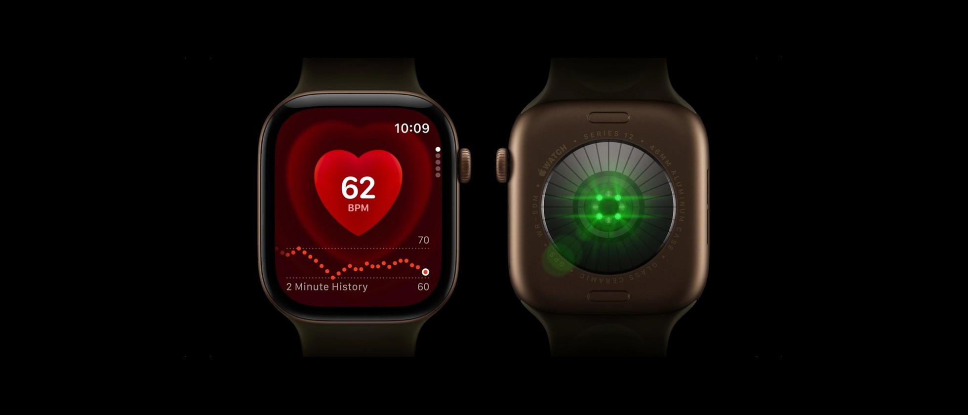 Apple Watch zobrazující tepovou frekvenci a optický senzor na spodní straně hodinek