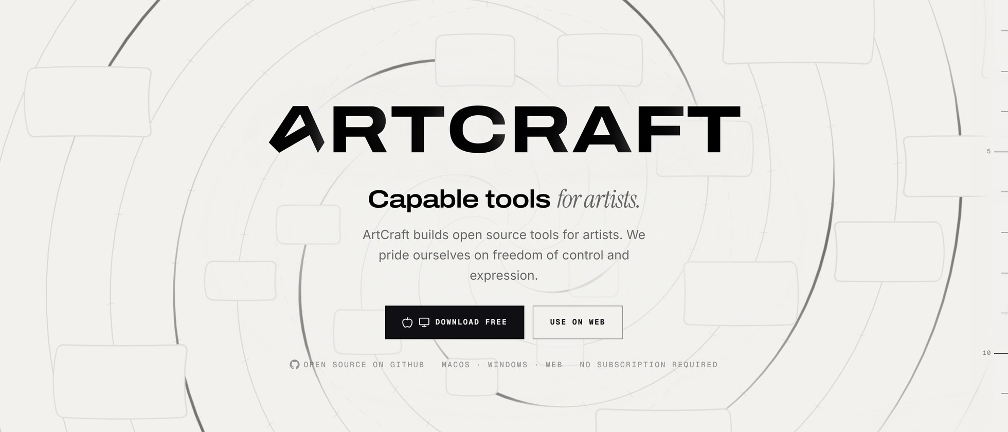 Úvodní stránka projektu ArtCraft s nápisem Capable tools for artists