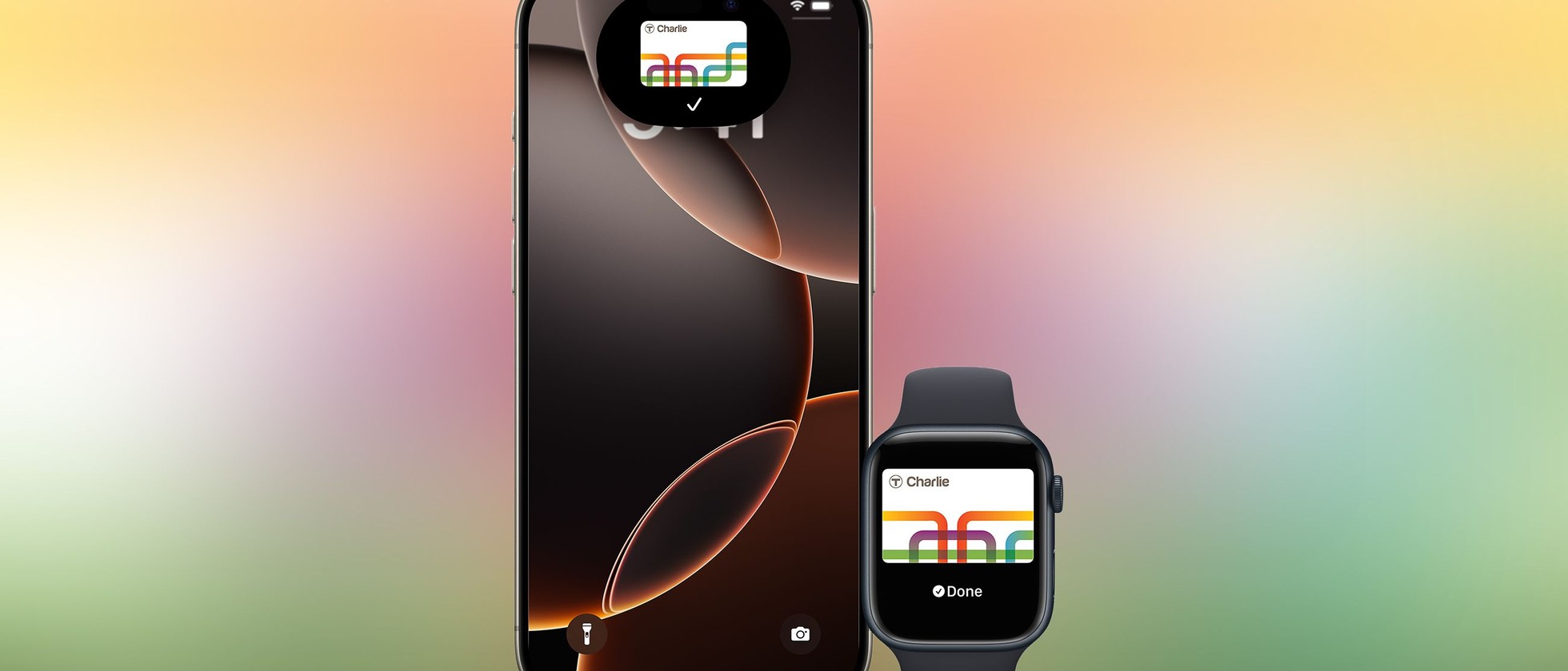 iPhone a Apple Watch s dopravní kartou CharlieCard v aplikaci Peněženka