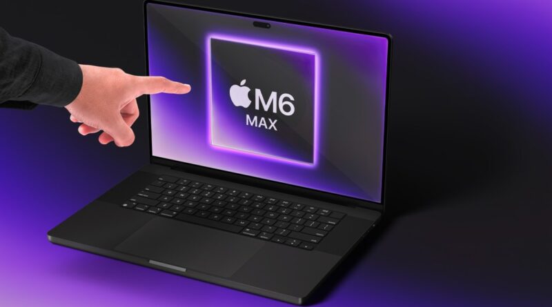Ilustrační koláž ruky dotýkající se displeje MacBooku Pro
