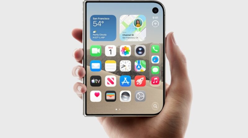 Ruka držící složený iPhone Duo s vnějším displejem