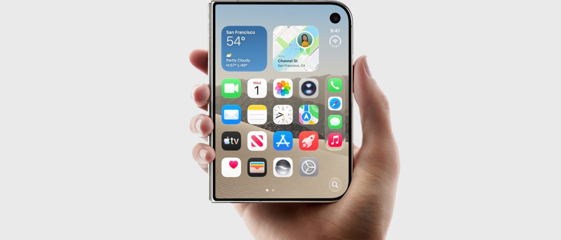 Ruka držící složený iPhone Duo s vnějším displejem