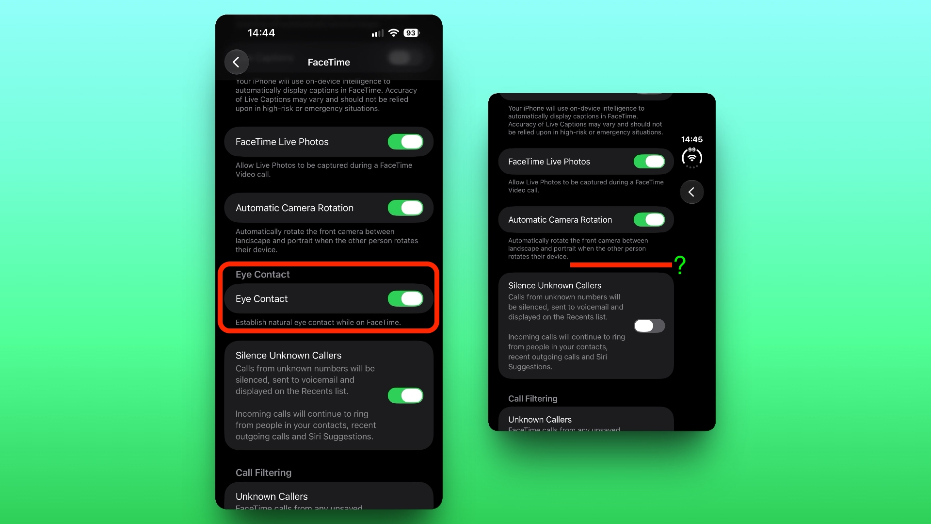 Srovnání nastavení FaceTimu na iPhonu 18 Pro a iPhonu Duo, na druhém přepínač Oční kontakt chybí
