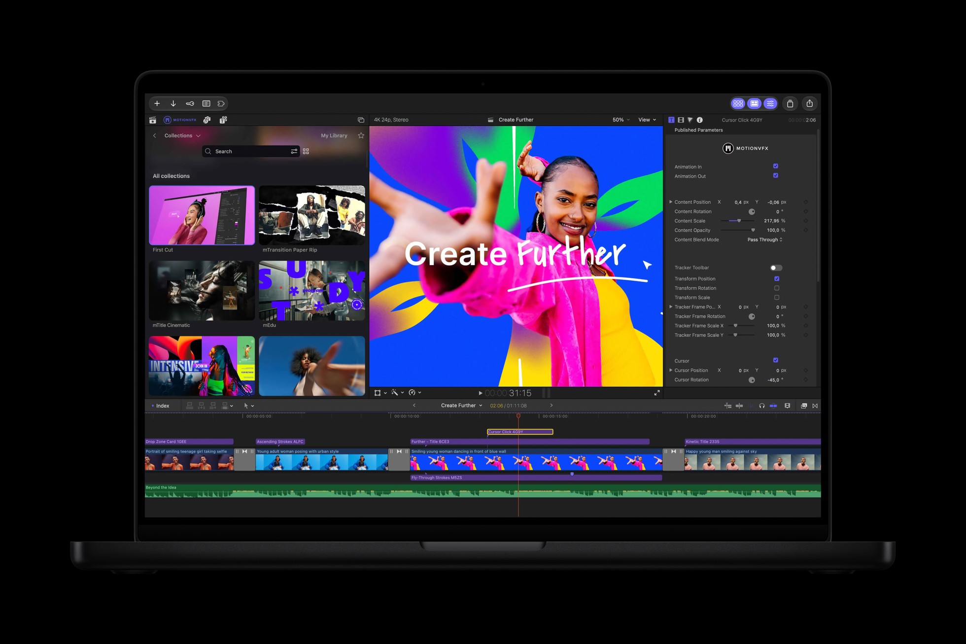 Knihovna MotionVFX přímo v rozhraní Final Cut Pro na MacBooku Pro