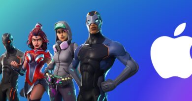 Postavy z Fortnite vedle loga Applu