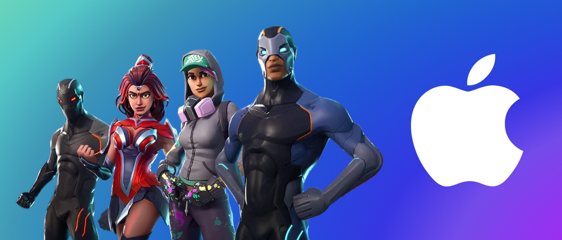 Postavy z Fortnite vedle loga Applu