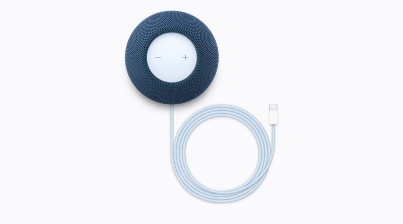 HomePod mini 2 v modré barvě se svítící horní plochou