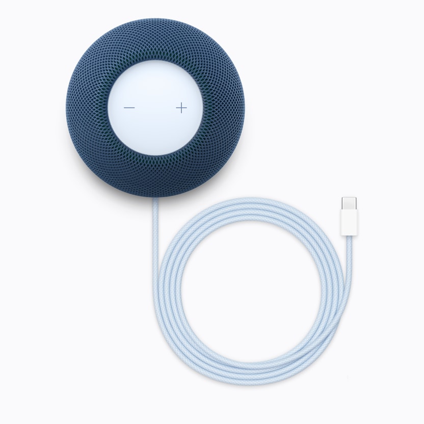 Modrý HomePod mini 2 se svítící horní plochou ve funkci Sound Glow