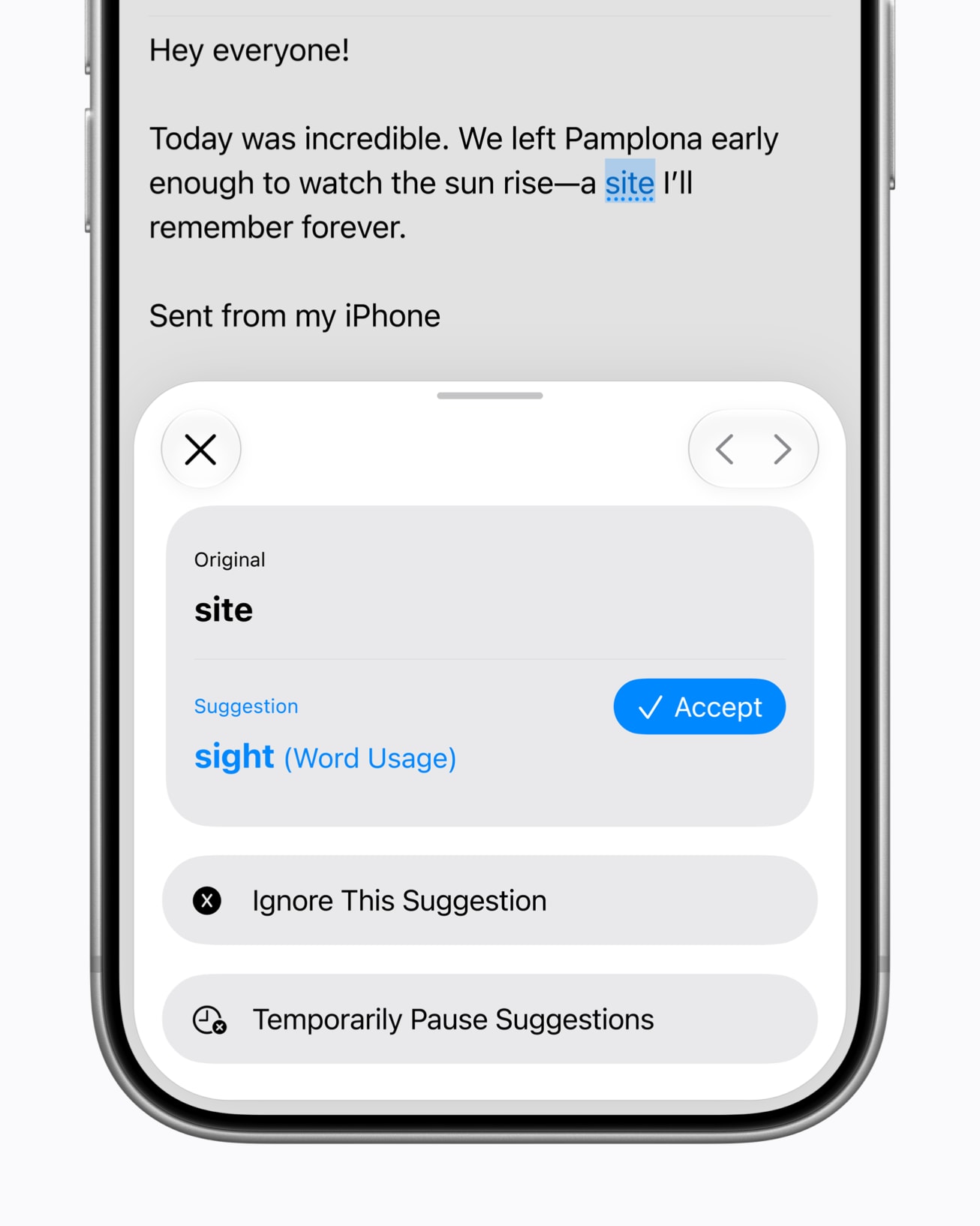 Psaní e-mailu na iPhonu s návrhem opravy textu