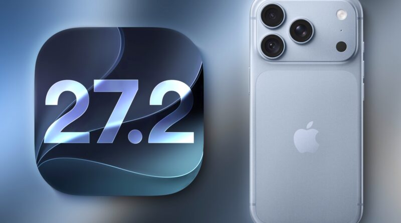 Logo iOS 27.2 vedle iPhonu
