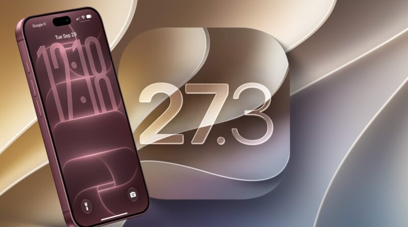 iPhone s nápisem iOS 27.3 na béžovém pozadí
