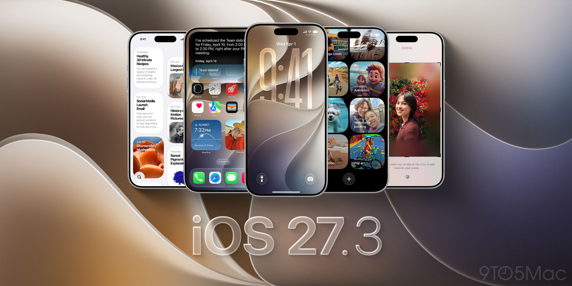 Několik iPhonů vedle sebe s ukázkou funkcí systému iOS 27.3