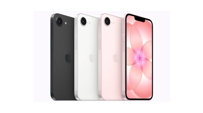 Čtyři barevné varianty iPhonu 17e vedle sebe