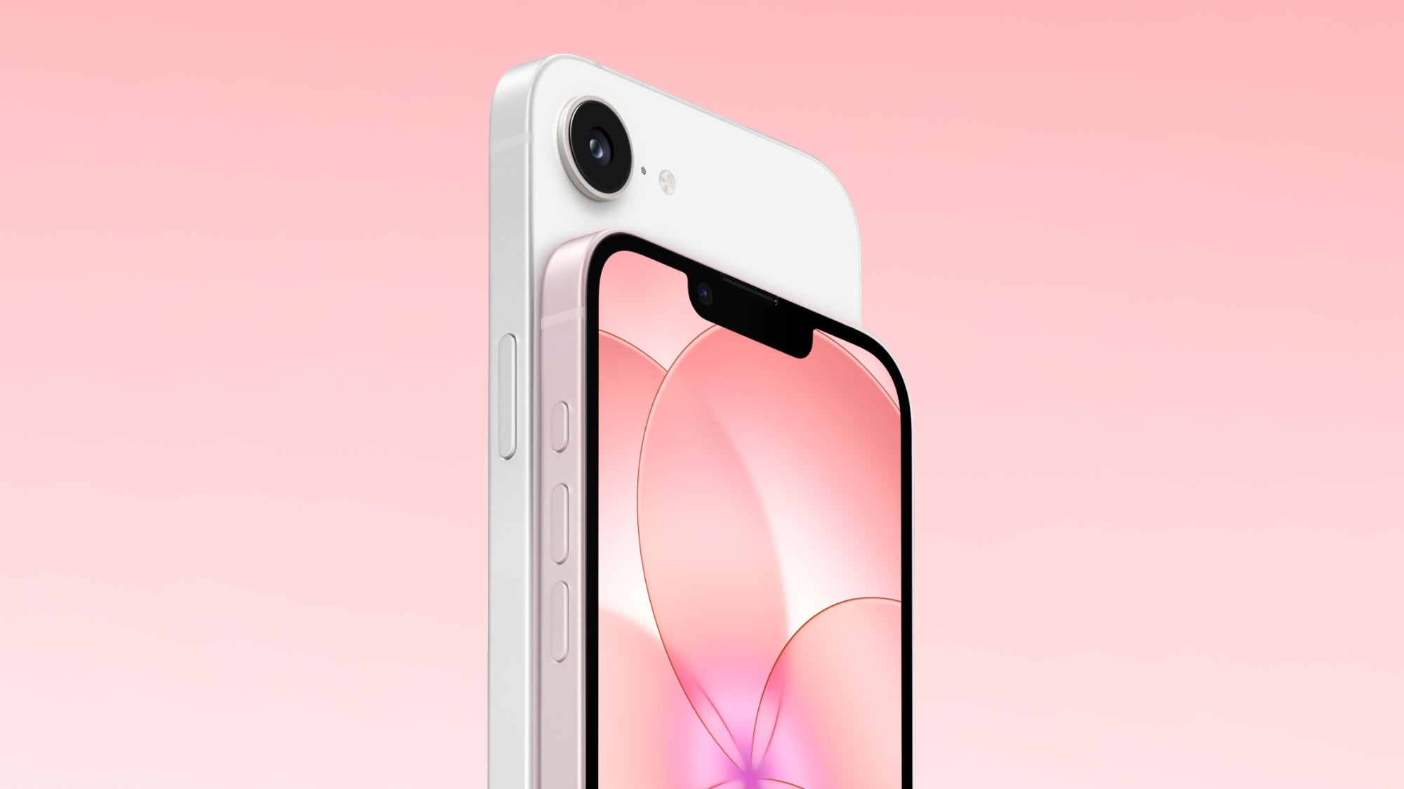Detail výřezu v displeji růžového iPhonu 17e