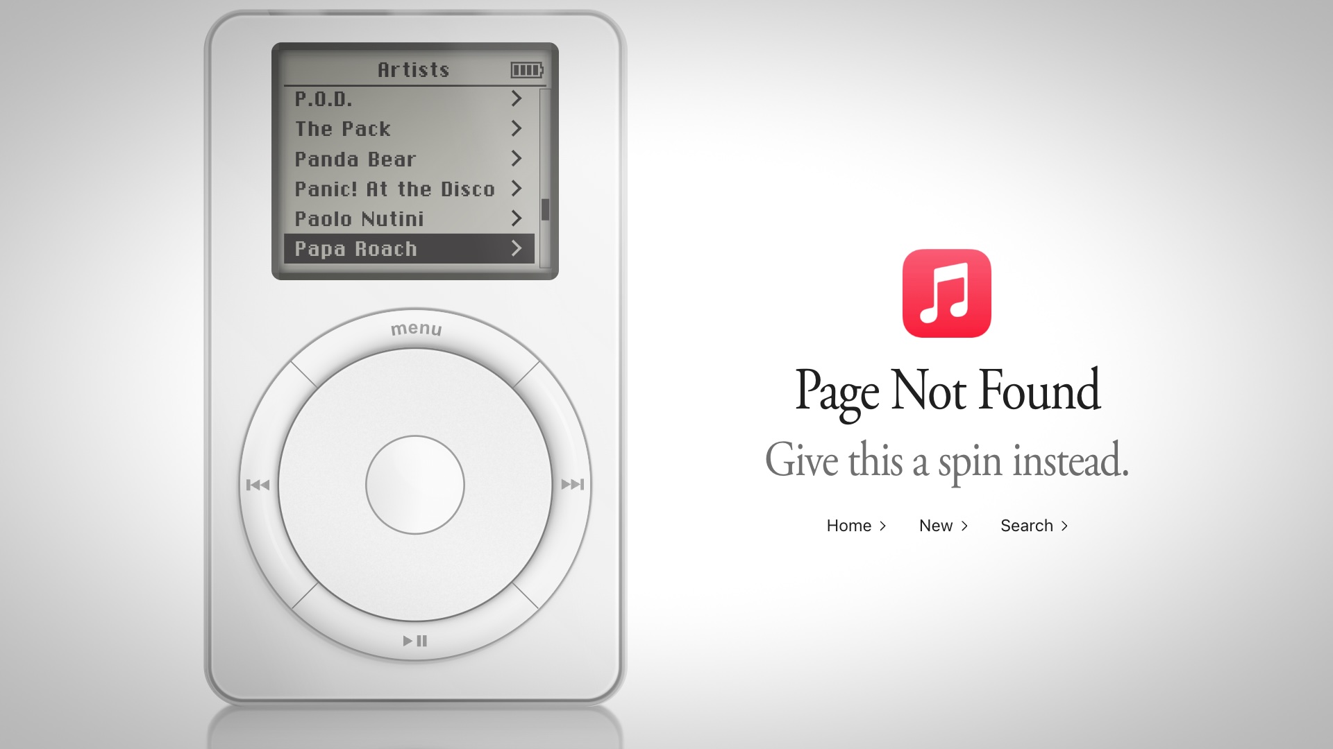 Chybová stránka Apple Music s interaktivním iPodem a nápisem Page Not Found