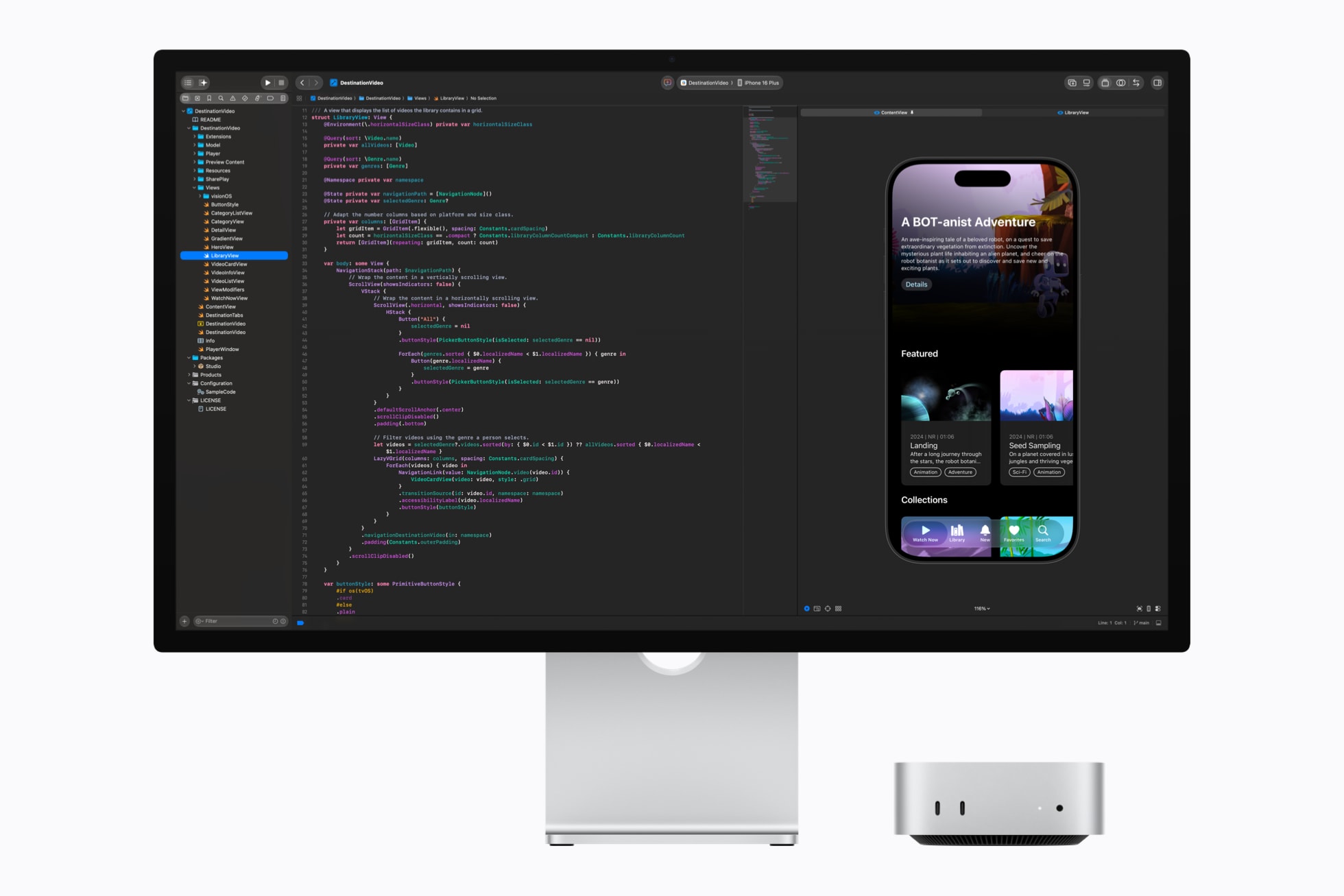 Mac mini s otevřeným Xcodem na monitoru