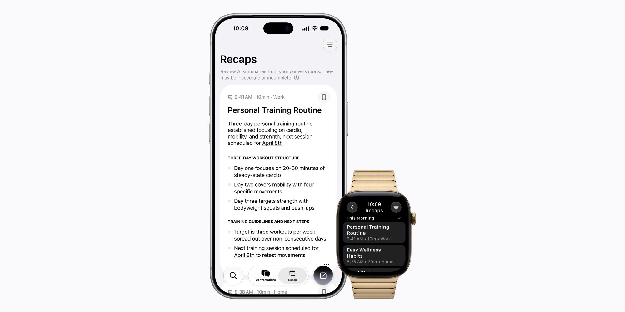 Shrnutí Siri Recap zobrazené na iPhonu a Apple Watch