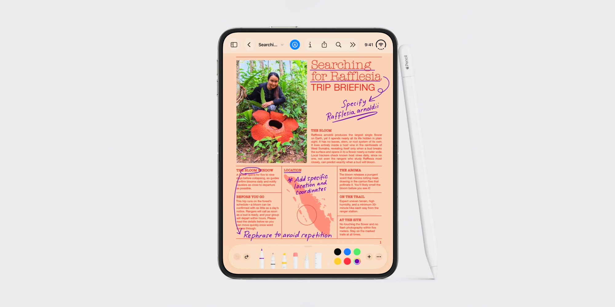 Rozložený iPhone Duo s Apple Pencilem a ručními poznámkami v dokumentu
