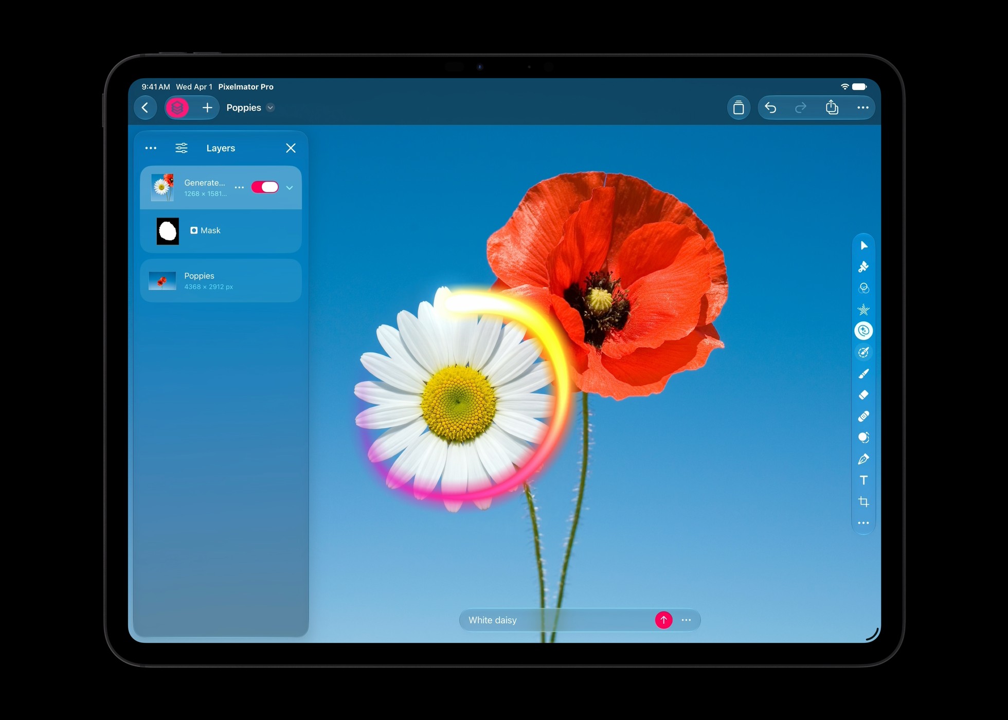 Funkce Generate Fill v Pixelmatoru Pro upravující fotografii květiny