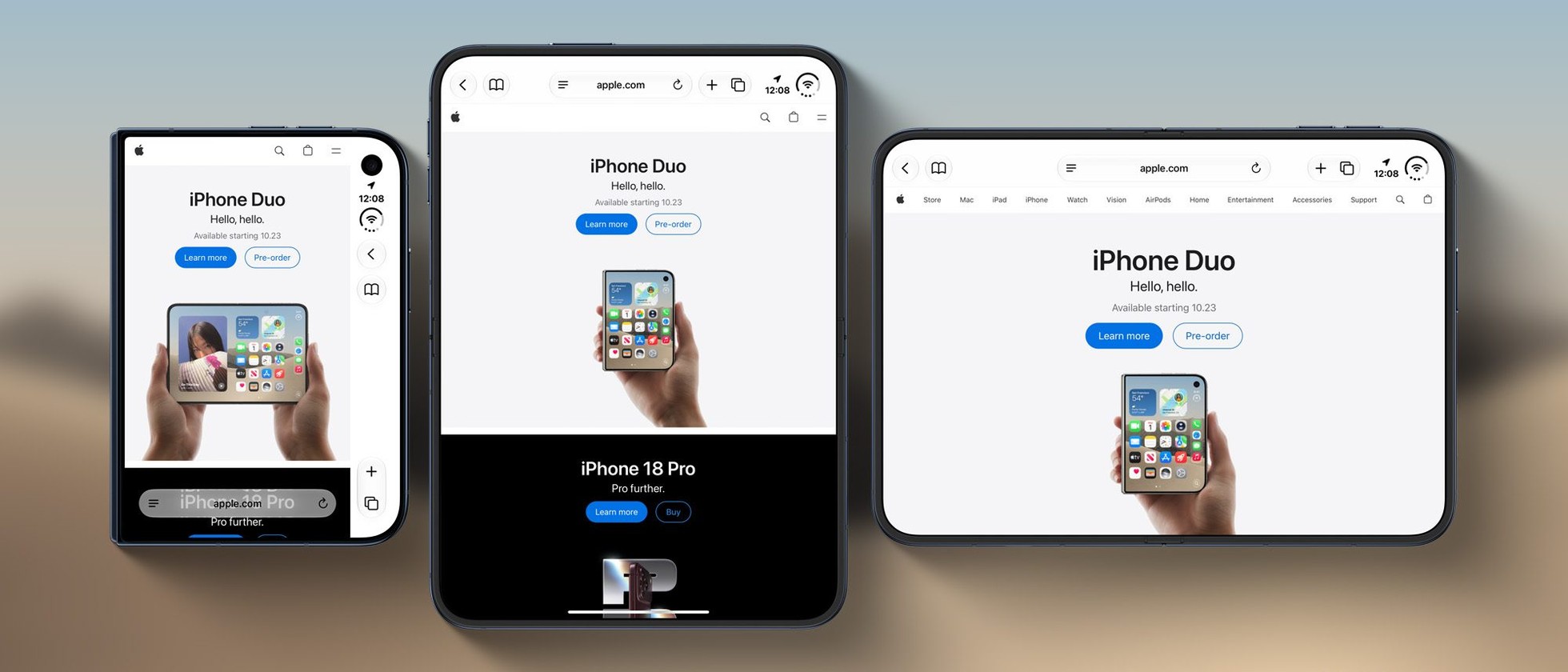 Safari na vnějším i vnitřním displeji iPhonu Duo