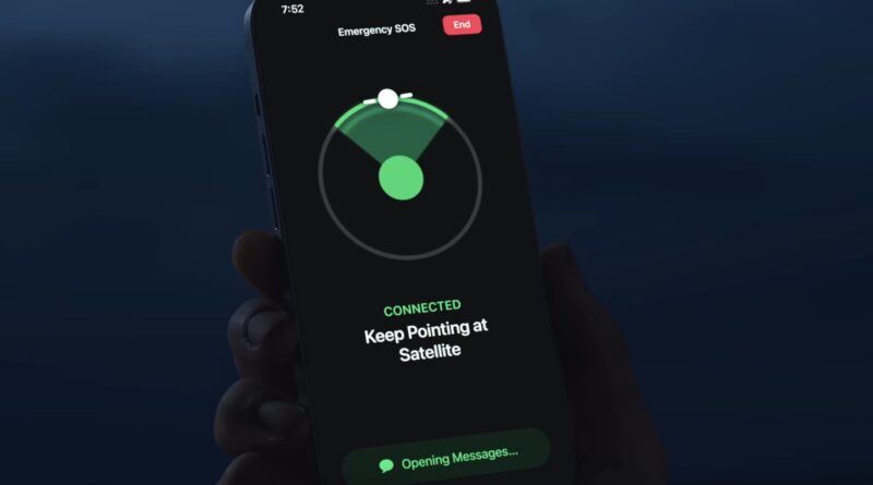 Displej iPhonu s obrazovkou Tísňové SOS přes satelit a ukazatelem směru