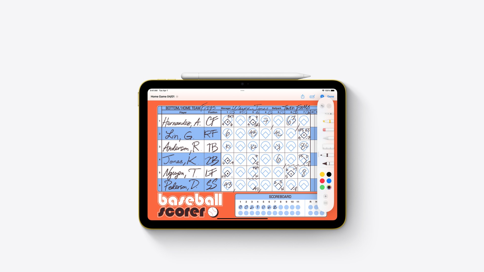 Základní iPad s tužkou Apple Pencil a zápisníkem na displeji